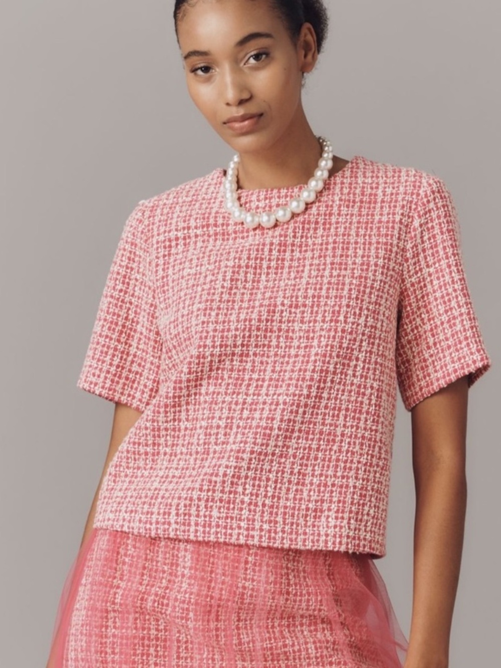 Maeve Anthropologie Pink Tweed Short Sleeve Top Size M